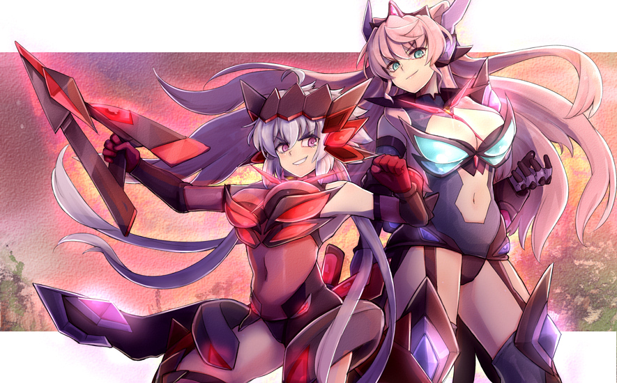2girls, ahoge, blue_eyes, blush, breasts, cleavage, cleavage_cutout, covered_navel, garter_straps, glowing, gun, headgear, holding, holding_gun, holding_weapon, ignite_module, large_breasts, leotard, long_hair, looking_at_viewer, maria_cadenzavna_eve, multiple_girls, navel_cutout, pink_hair, senki_zesshou_symphogear, silver_hair, smile, teeth, thigh-highs, twintails, very_long_hair, violet_eyes, weapon, yude, yukine_chris