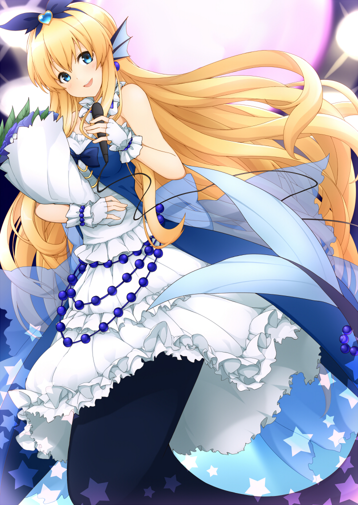 1girl, :d, bangs, bare_shoulders, beads, bermuda_cadet_riviere, black_ribbon, blonde_hair, blue_dress, blue_eyes, bouquet, breasts, cable, cardfight!!_vanguard, choker, commentary_request, dress, earrings, fingerless_gloves, floating_hair, flower, frilled_choker, frills, from_below, gem, gloves, hair_between_eyes, hair_ribbon, head_fins, heart, holding, holding_bouquet, holding_microphone, jampen, jewelry, layered_dress, leaf, long_dress, long_hair, looking_at_viewer, medium_breasts, mermaid, microphone, monster_girl, open_mouth, purple_flower, ribbon, see-through, sidelocks, smile, solo, star, strapless, strapless_dress, very_long_hair, white_choker, white_dress, white_gloves, wrist_cuffs