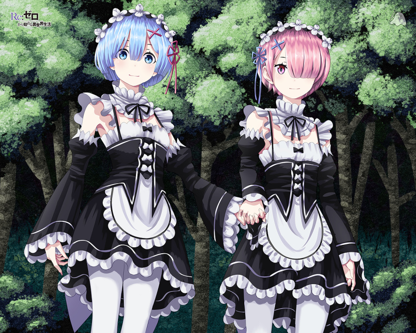2girls, blue_eyes, blue_hair, blush, closed_mouth, copyright_name, critter100, detached_sleeves