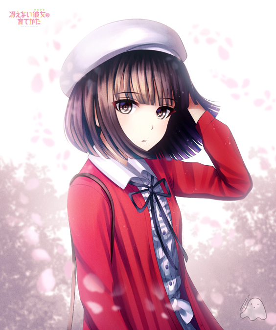 1girl, beret, blush, brown_eyes, brown_hair, copyright_name, critter100, eyebrows_visible_through_hair