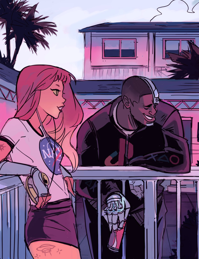 1boy, 1girl, casual, cd_player, coke, cyborg_(dc), dark_skin, dark_skinned_male