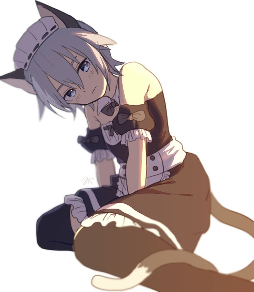 1boy, alternate_costume, animal_ears, apron, black_legwear, blue_eyes, blush, bow