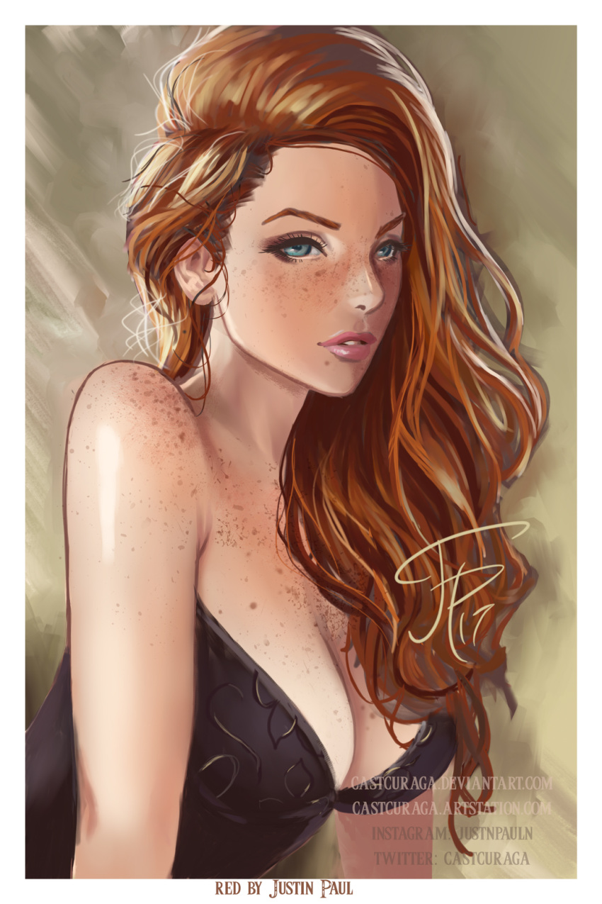 1girl, artist_name, bare_shoulders, black_dress, blue_eyes, bodice, breasts, brown_background