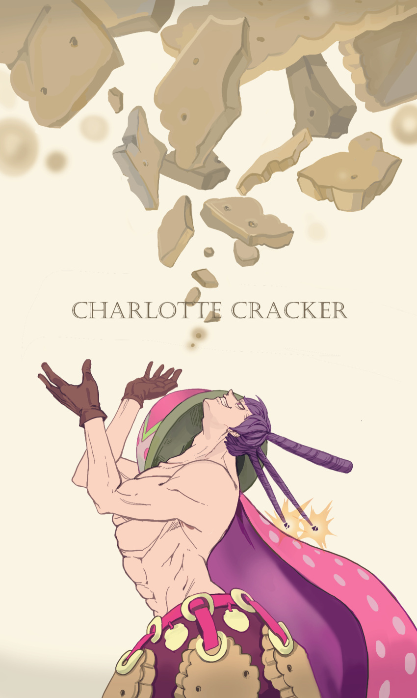 1boy, abs, cape, character_name, charlotte_cracker, cracker, food, gloves