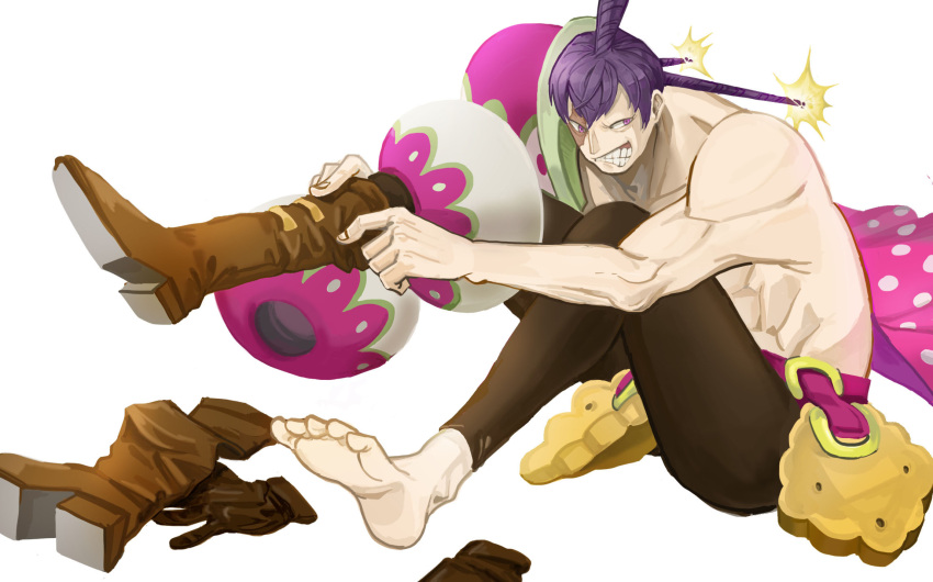1boy, abs, barefoot, boots, character_name, charlotte_cracker, cracker, food