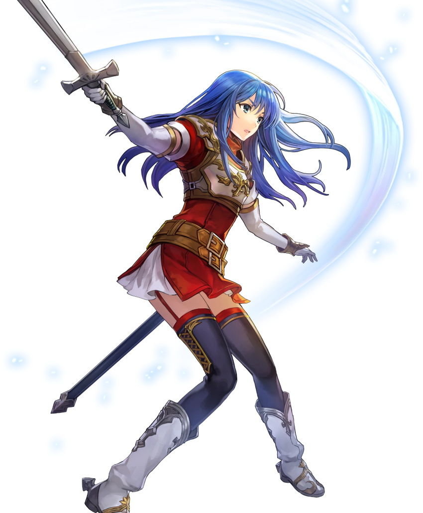 1girl, armor, blue_eyes, blue_hair, boots, dress, elbow_gloves, fingerless_gloves