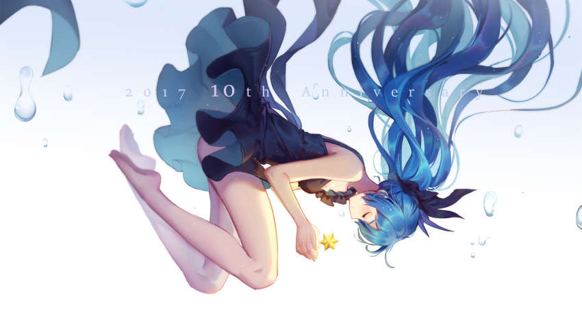 1girl, 2017, anniversary, barefoot, black_dress, blue_hair, bubble, closed_eyes