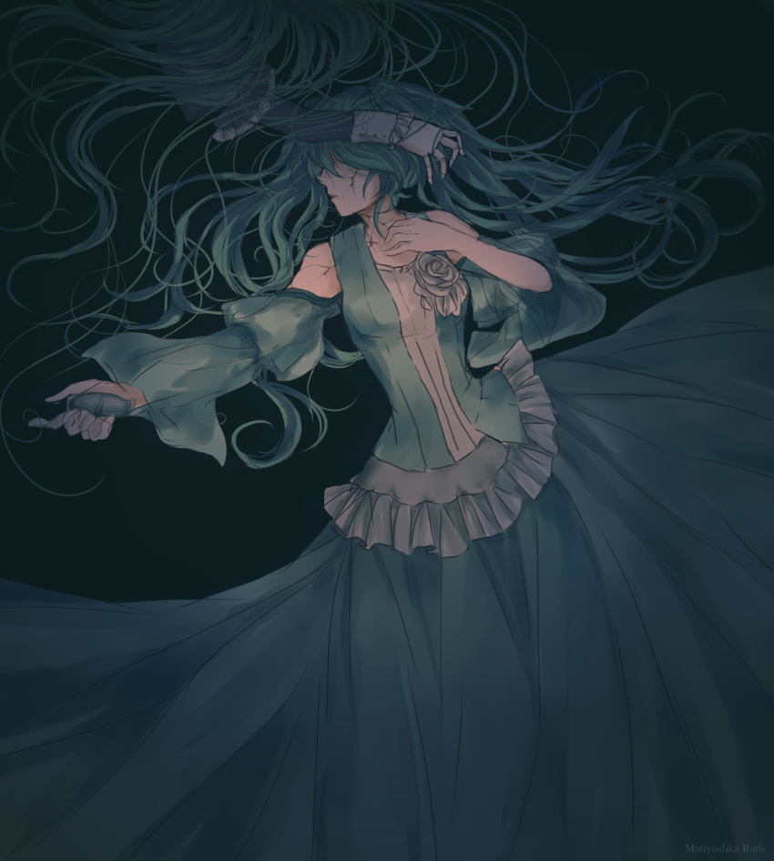 2girls, aqua_dress, aqua_hair, bare_shoulders, blue_dress, cracked_skin, doll_joints, dress, dual_persona, evillious_nendaiki, faceless, flower, frilled_dress, frills, hair_over_eyes, hand_on_another's_head, hatsune_miku, highres, long_hair, lying, margarita_blankenheim, matryoshka-ruth, messy_hair, multiple_girls, nemurase_hime_kara_no_okurimono_(vocaloid), on_back, ruffled_sleeves, solo_focus, twintails, very_long_hair, vocaloid