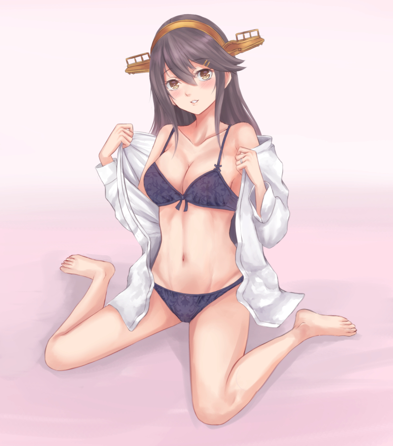 1girl, bangs, barefoot, blush, bra, breasts, brown_eyes, brown_hair