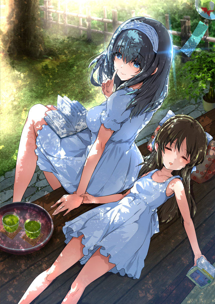 2girls, bare_shoulders, black_hair, blue_dress, blue_eyes, book, breasts, brown_hair
