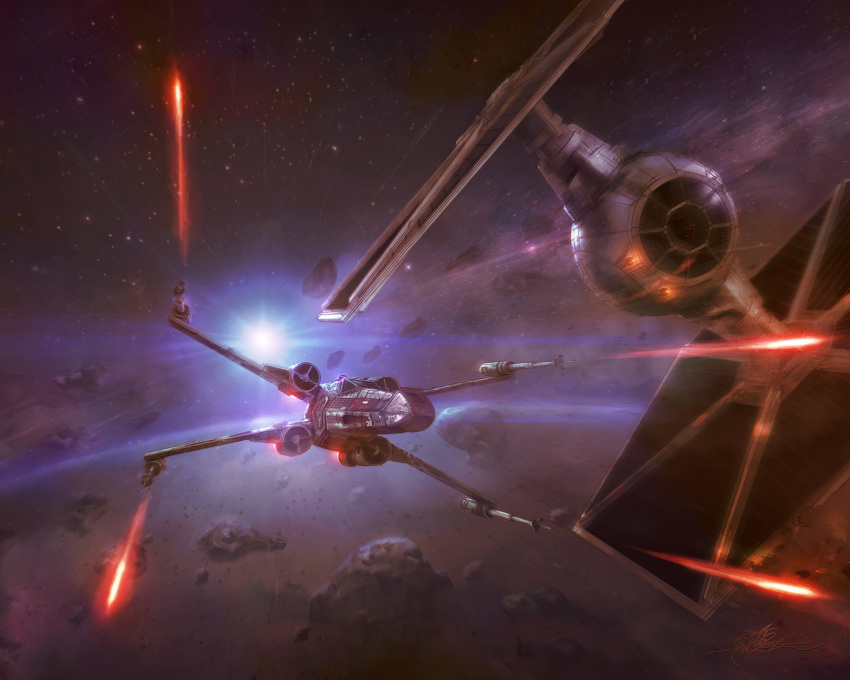 asteroid, battle, commentary, duel, highres, laser_beam, lens_flare, motion_blur