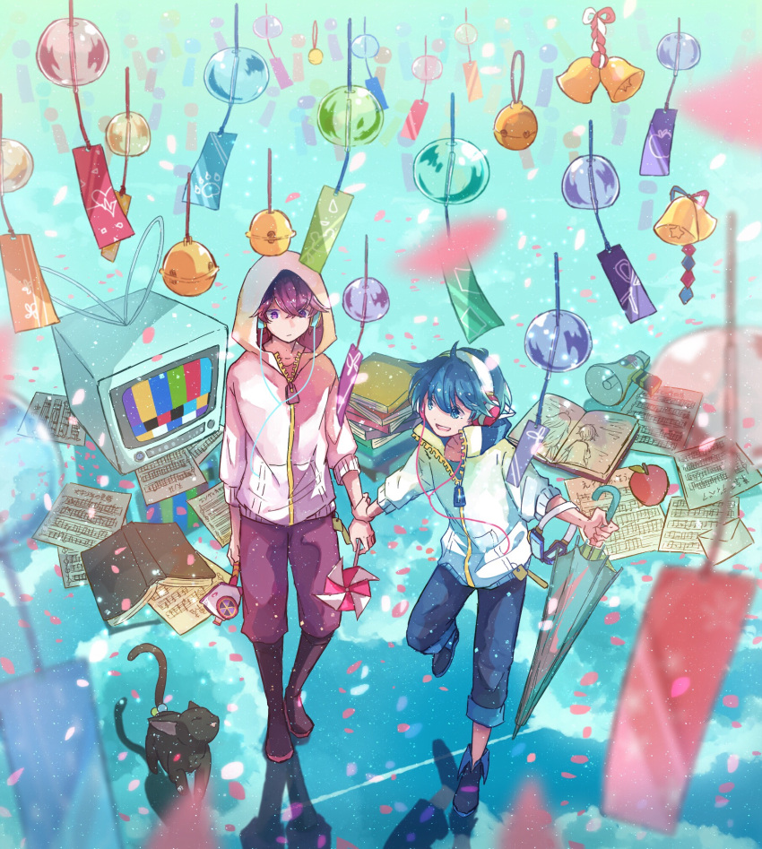 apple, bell, black_boots, black_cat, black_hair, blue_background, blue_eyes, blue_hair