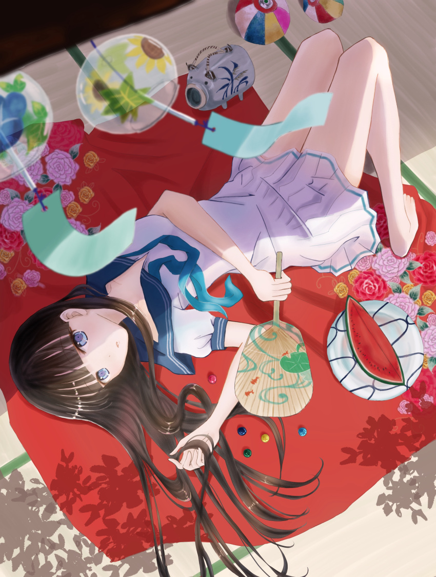 1girl, absurdres, ball, beads, blue_eyes, fan, floral_print, food