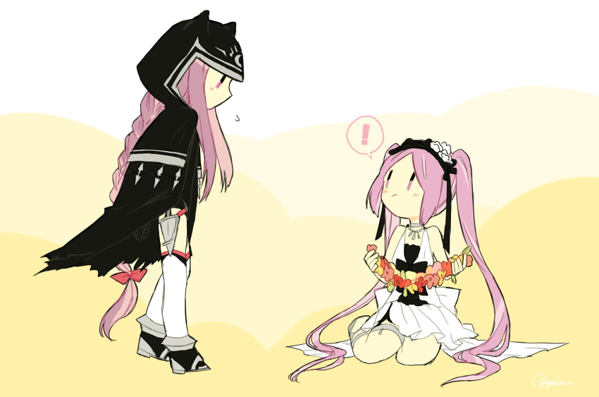 !, 2girls, ageharuuu, animal_hood, bare_shoulders, blush, braid, dress