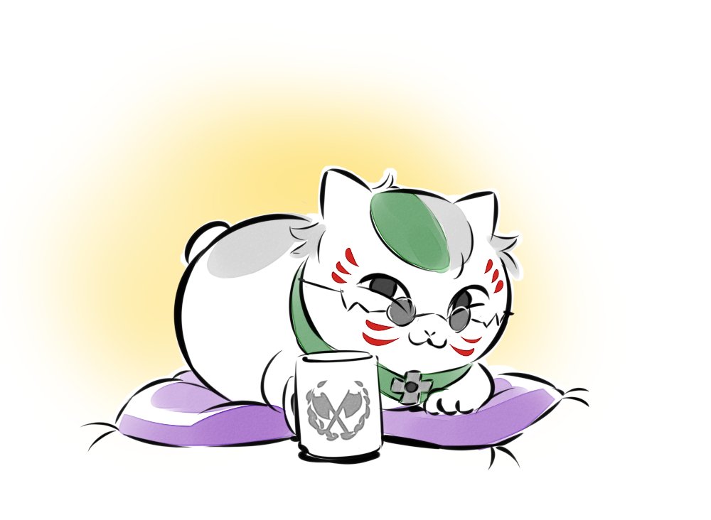 cat, cup, cushion, glasses, green_collar, iesupa, inoue_kazuhiko, natsume_yuujinchou, nyanko, professor_ozpin, rwby, seiyuu_connection, teacup, whisker_markings