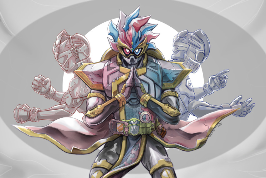 1boy, armor, belt, blue_eyes, breastplate, clenched_hands, commentary_request, cowboy_shot