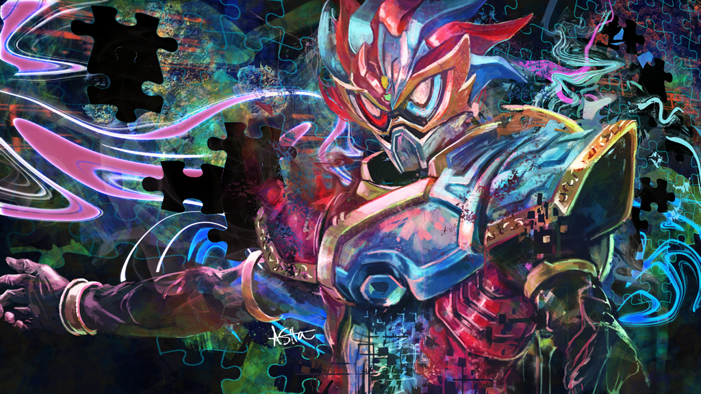 1boy, armor, artist_name, ashita_(llasitall), blue_eyes, breastplate, helmet, heterochromia, kamen_rider, kamen_rider_ex-aid_(series), kamen_rider_para-dx, looking_at_viewer, male_focus, outstretched_arm, pauldrons, perfect_knockout_gamer_level_99, puzzle_piece, red_eyes, solo, upper_body