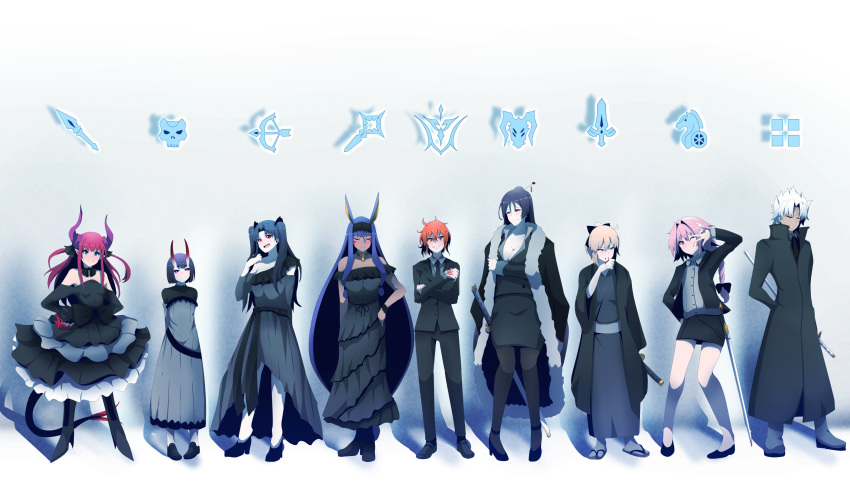 2boys, 6+girls, absurdres, alternate_costume, bangs, black_dress, bow, braid