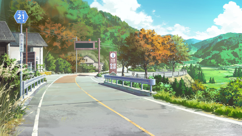 background, blue_sky, bridge, building, clouds, cloudy_sky, commentary, dao_dao, day, evening, forest, grass, hill, house, landscape, mountain, nature, no_humans, original, outdoors, plant, railing, road, road_sign, scenery, sign, sky, tree, valley
