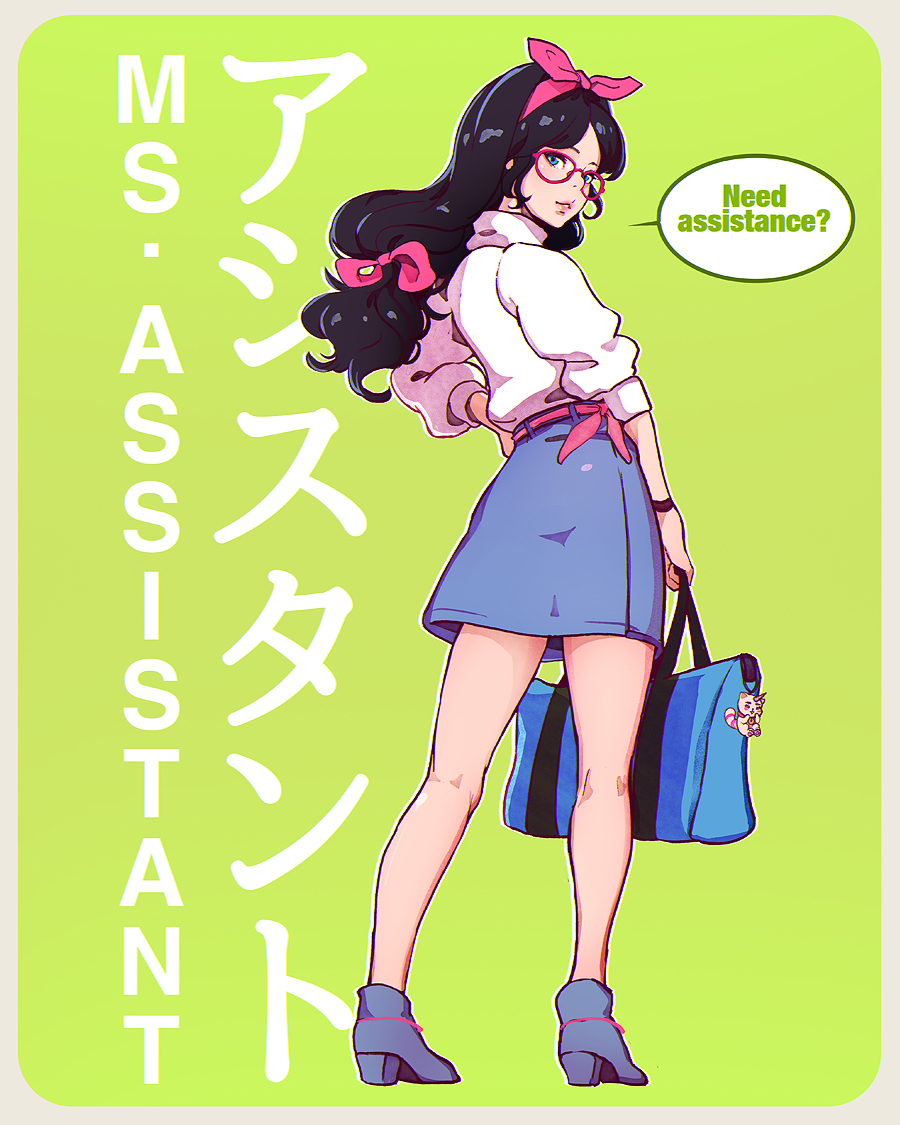 1girl, bag, bag_charm, black_hair, blue_boots, blue_eyes, blue_skirt, boots