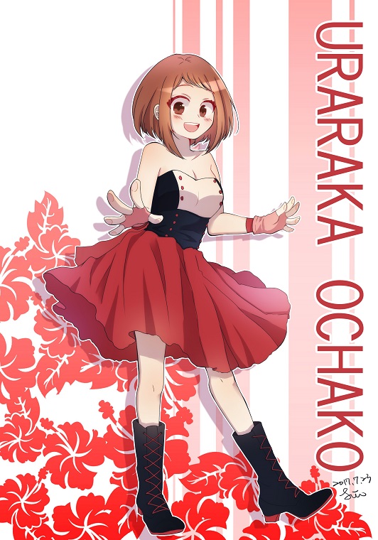 1girl, bare_shoulders, blush, boku_no_hero_academia, boots, breasts, brown_eyes, brown_hair