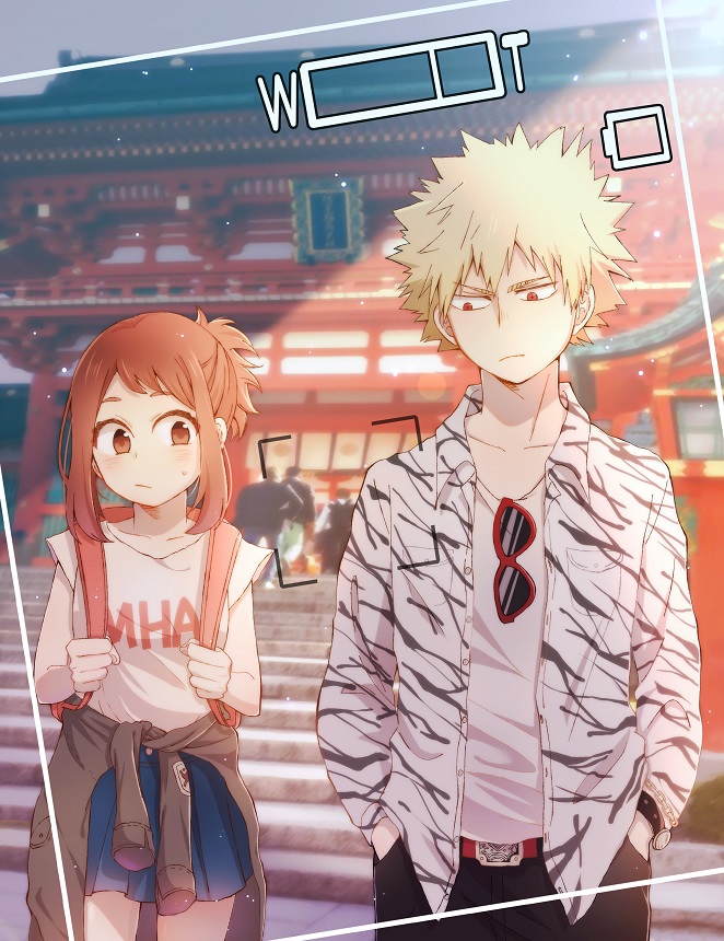 1boy, 1girl, bag, bakugou_katsuki, belt, blush, boku_no_hero_academia, brown_hair