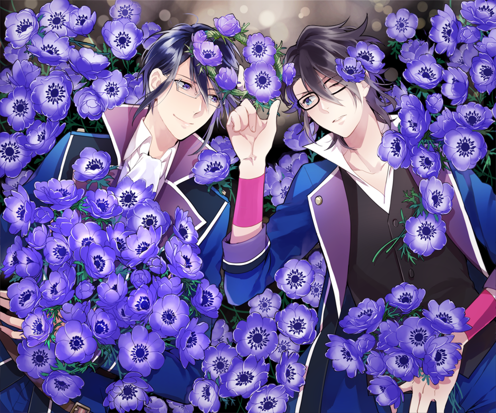 2boys, black-framed_eyewear, black_hair, blu_eflower, blue_eyes, blue_hair, bow, collarbone