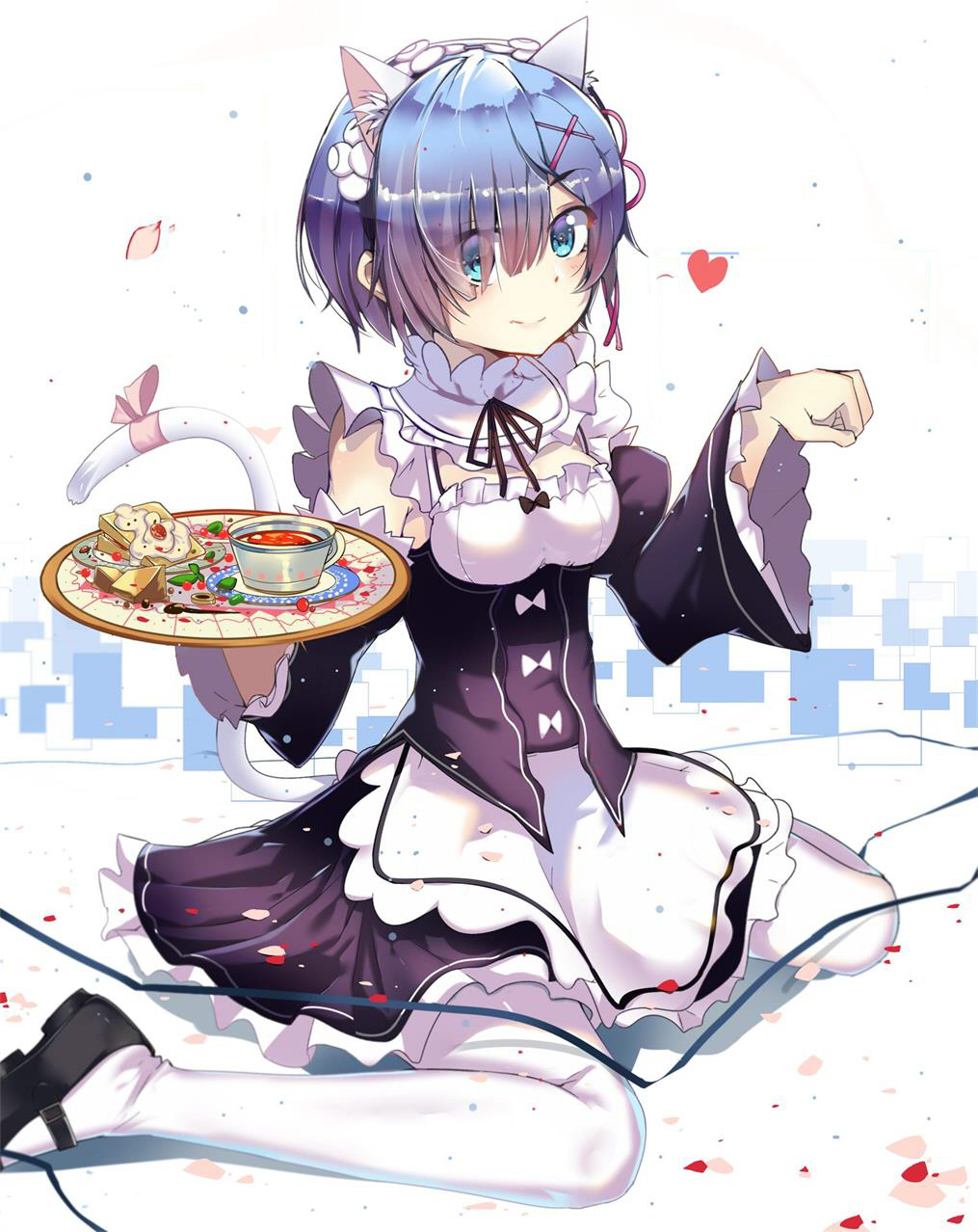 1girl, animal_ears, apron, black_hairband, black_ribbon, black_skirt, blue_eyes, blue_hair, cat_ears, cat_tail, choker, hair_between_eyes, hair_ribbon, hairband, heart, highres, looking_at_viewer, lucky_(1045044604), miniskirt, neck_ribbon, pantyhose, petals, pink_ribbon, re:zero_kara_hajimeru_isekai_seikatsu, rem_(re:zero), ribbon, short_hair, sitting, skirt, smile, solo, tail, tail_ribbon, white_apron, white_legwear
