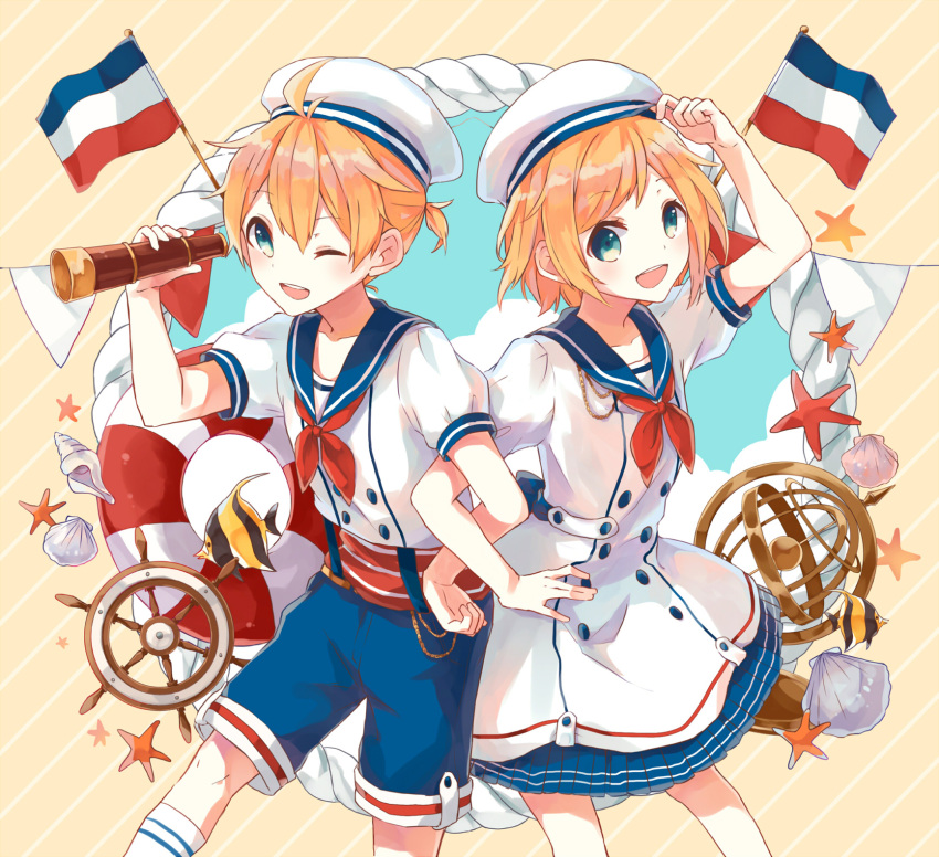 1boy, 1girl, :d, ;d, aqua_eyes, arm_locked, arm_up, blonde_hair