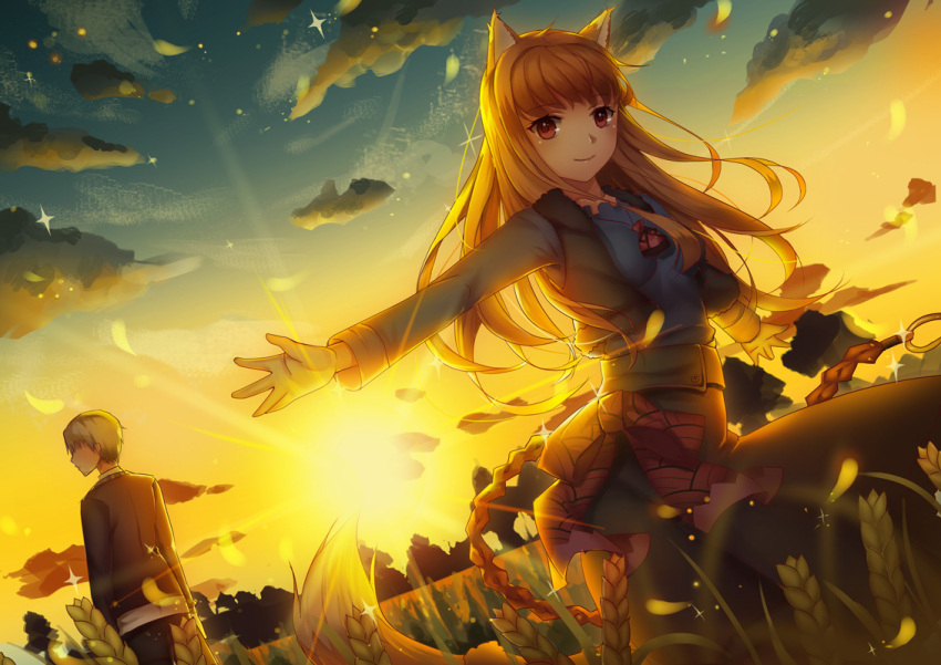 1boy, 1girl, animal_ears, black_skirt, blue_shirt, brown_hair, craft_lawrence, dutch_angle, eyebrows_visible_through_hair, floating_hair, holo, long_hair, long_skirt, looking_at_viewer, outdoors, outstretched_arms, red_eyes, shirt, silver_hair, skirt, smile, sparkle, spice_and_wolf, standing, stripe_(artist), sun, sunlight, tail, wolf_ears, wolf_tail