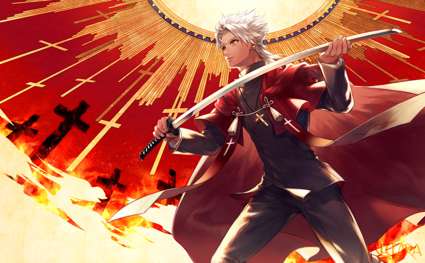 1boy, black_pants, black_shirt, brown_eyes, cross, cross_necklace, earrings, fate/apocrypha