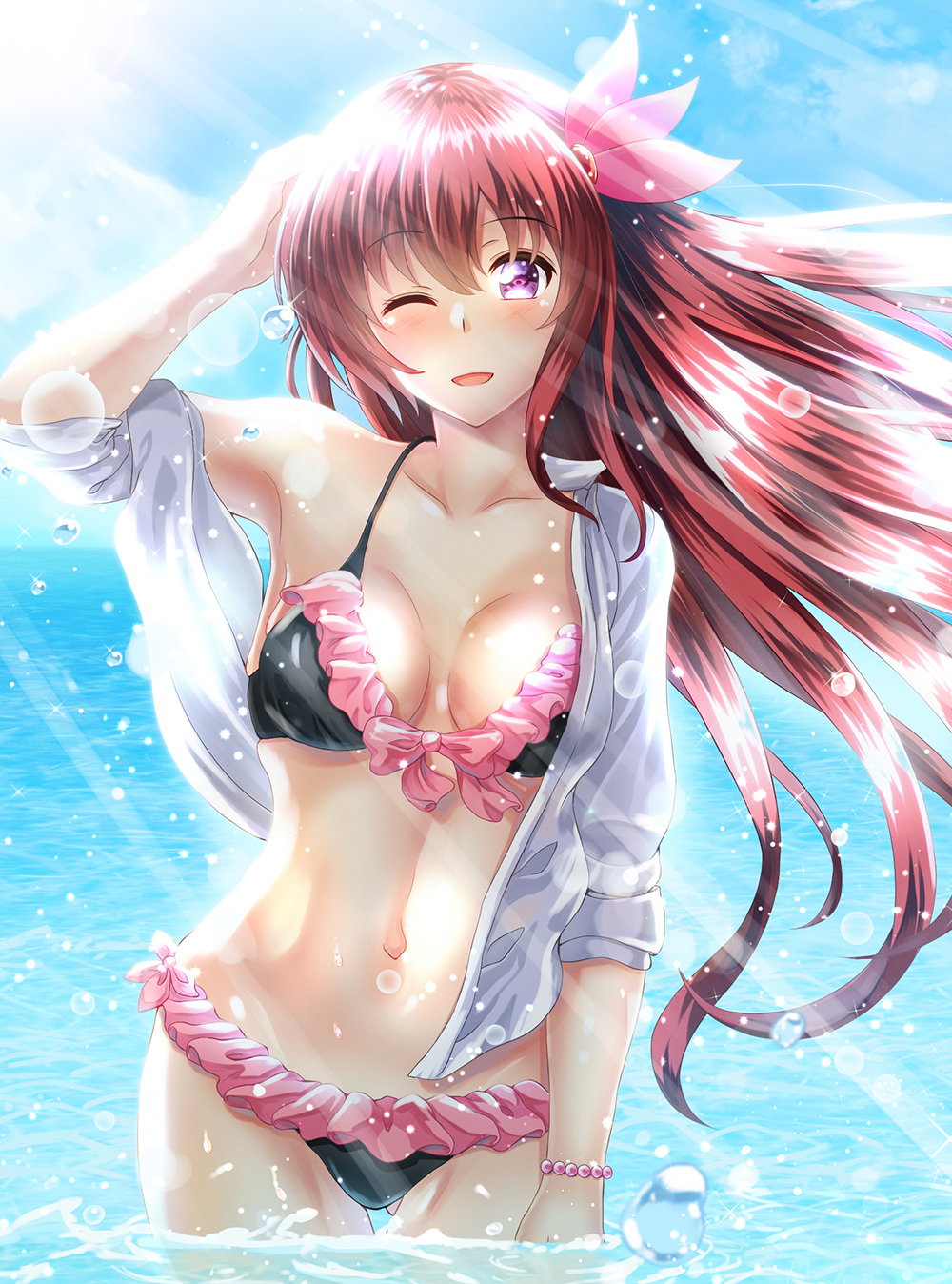 1girl, bikini, black_bikini, brown_hair, clouds, cowboy_shot, frilled_bikini, frills