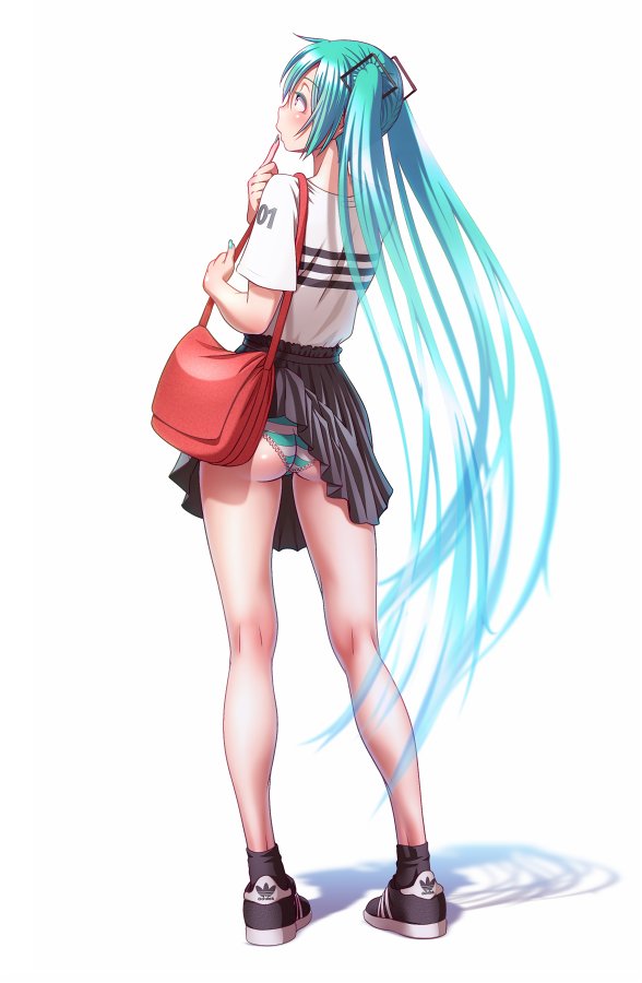 1girl, aqua_hair, bag, from_behind, full_body, handbag, hatsune_miku, long_hair