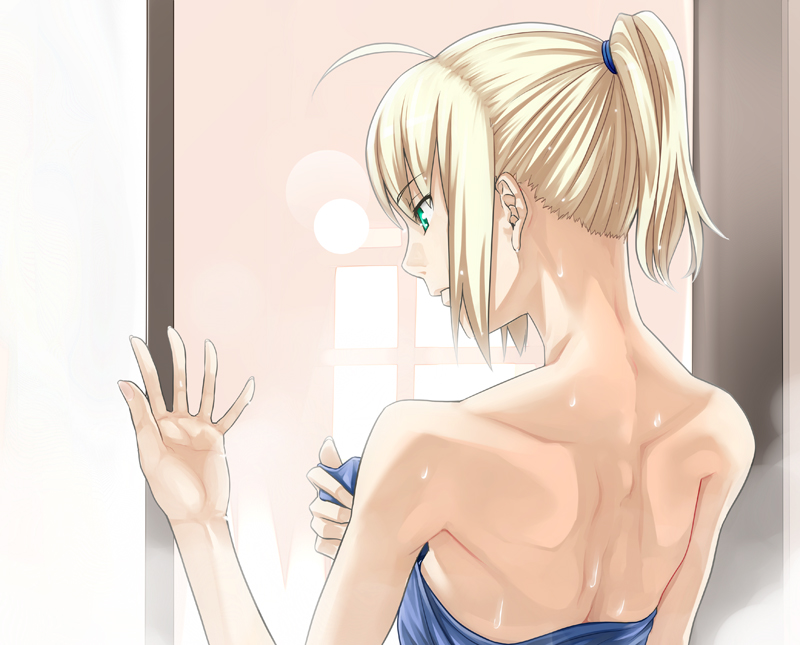 ahoge, back, bare_back, bare_shoulders, blonde_hair, bust, fate/stay_night, fate_(series)