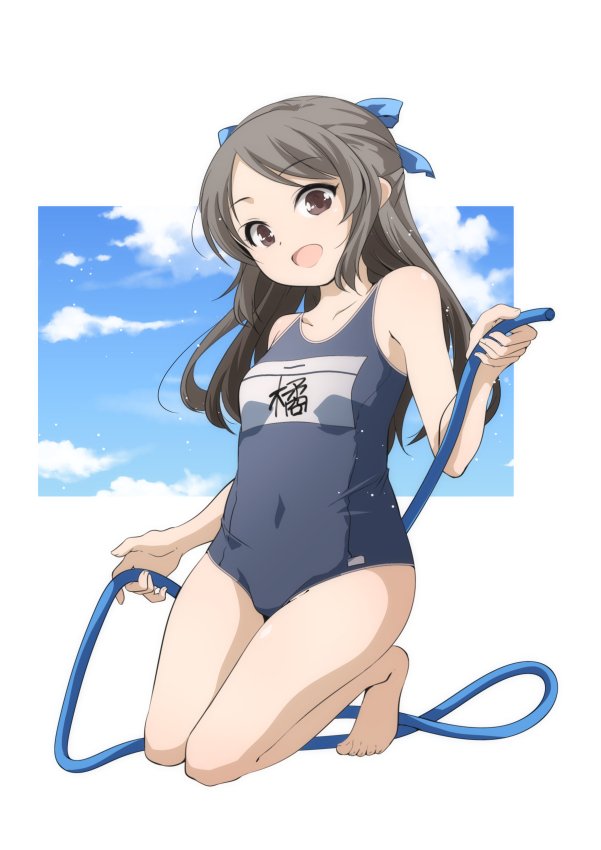 1girl, barefoot, brown_eyes, brown_hair, covered_navel, hose, idolmaster, idolmaster_cinderella_girls, kneeling, long_hair, one-piece_swimsuit, open_mouth, ribbon, school_swimsuit, smile, solo, swimsuit, tachibana_arisu, yamazaki_kazu