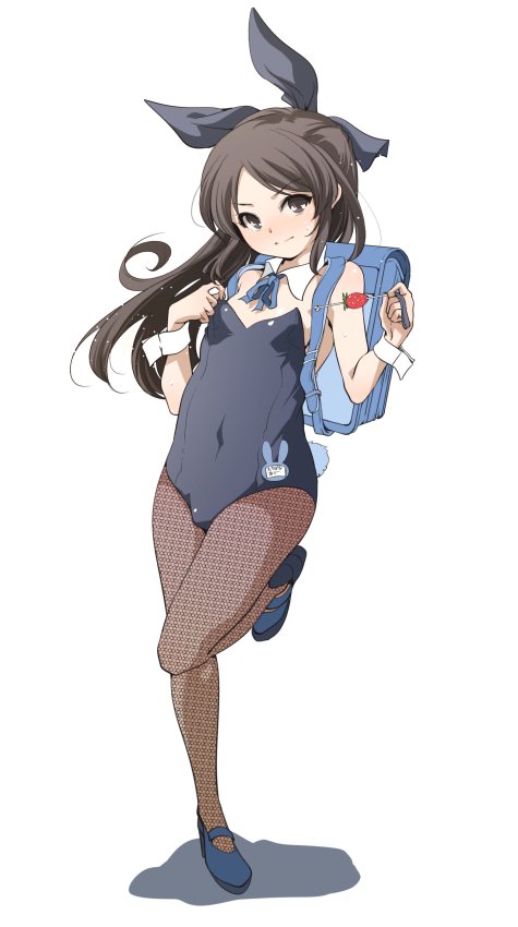 1girl, animal_ears, backpack, bag, bow, brown_eyes, brown_hair, bunny_tail