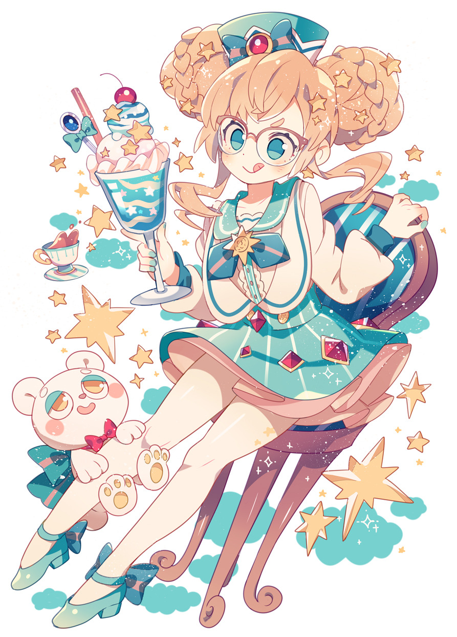 1girl, blue_eyes, blue_hat, blue_nails, blue_shoes, blue_skirt, blush, braid, cherry, cup, drinking_straw, food, fruit, glasses, hair_ornament, hat, highres, licking_lips, nail_polish, original, parfait, school_uniform, serafuku, shoes, sitting, skirt, spoon, star, star_hair_ornament, striped, striped_skirt, stuffed_animal, stuffed_toy, tea, teacup, teddy_bear, tongue, tongue_out, vertical_stripes, wakanagi_eku