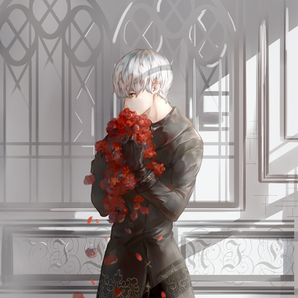 1boy, amenohi, black_clothes, black_gloves, covering_mouth, flower, gloves, male_focus