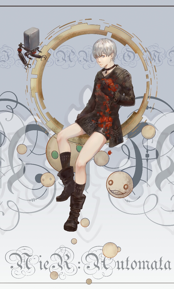 1boy, amenohi, black_gloves, blindfold, collar, emil_(nier), flower, gloves