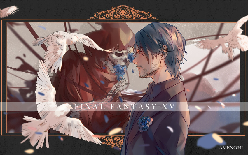 2boys, amenohi, beard, bird, black_hair, blue_hair, blue_rose, corsage