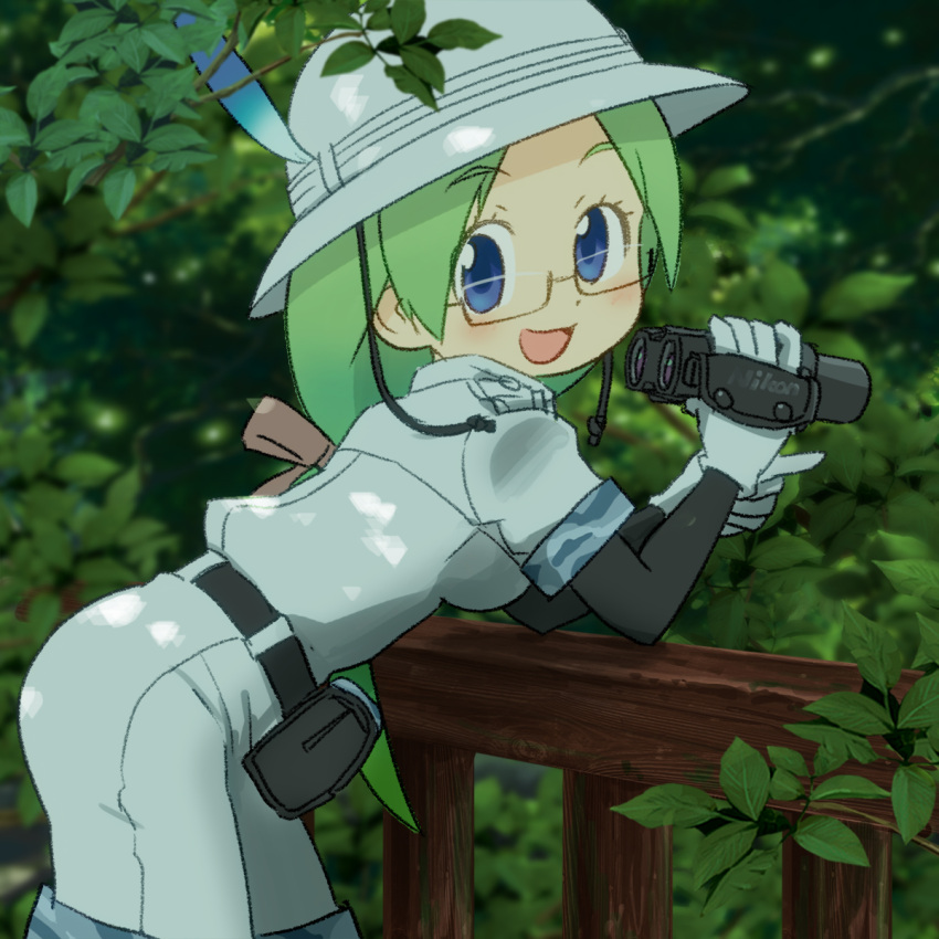 1girl, binoculars, blue_eyes, bucket_hat, glasses, gloves, green_hair, hat
