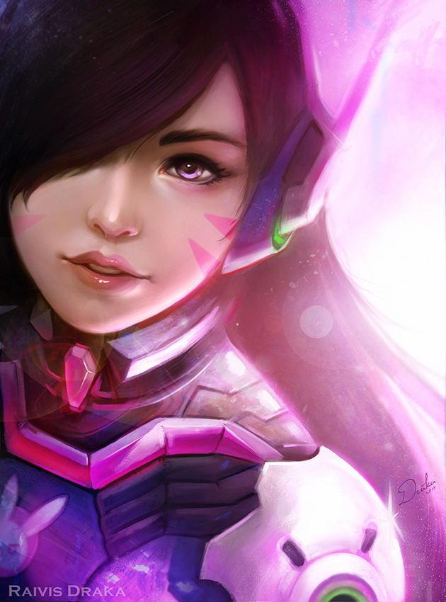 1girl, alternate_eye_color, animal_print, artist_name, backlighting, bangs, blue_bodysuit, bodysuit, brown_hair, bunny_print, d.va_(overwatch), dated, eyelashes, facepaint, facial_mark, gloves, hair_over_one_eye, headphones, high_collar, lens_flare, lips, long_hair, looking_at_viewer, nose, overwatch, pilot_suit, pink_lips, portrait, purple_background, raivis_draka, ribbed_bodysuit, signature, skin_tight, solo, swept_bangs, violet_eyes, whisker_markings, white_gloves