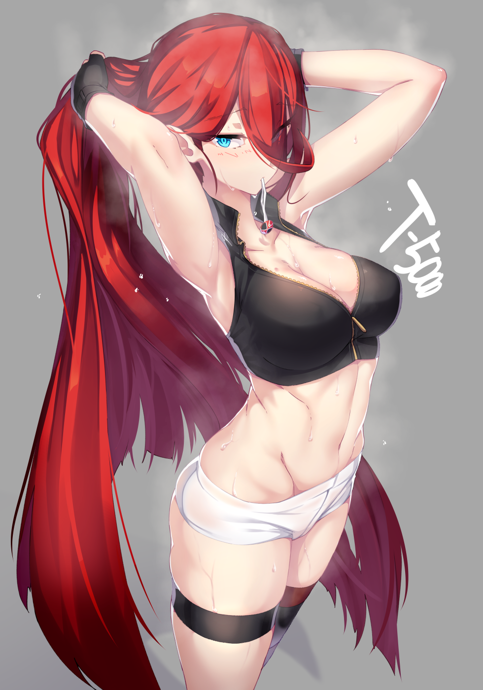 1girl, adjusting_hair, armpits, arms_up, black_gloves, black_legwear, black_shirt, blush, breasts, character_name, collarbone, commentary_request, crop_top, dev, dripping, eyes_visible_through_hair, fingerless_gloves, girls_frontline, gloves, grey_background, groin, hair_over_one_eye, highres, large_breasts, long_hair, looking_at_viewer, mouth_hold, navel, one_eye_closed, redhead, shirt, short_shorts, shorts, single_thighhigh, sleeveless, sleeveless_shirt, solo, standing, steam, sweat, sweating, t-5000_(girls_frontline), thigh-highs, thigh_strap, very_long_hair, white_shorts, zipper