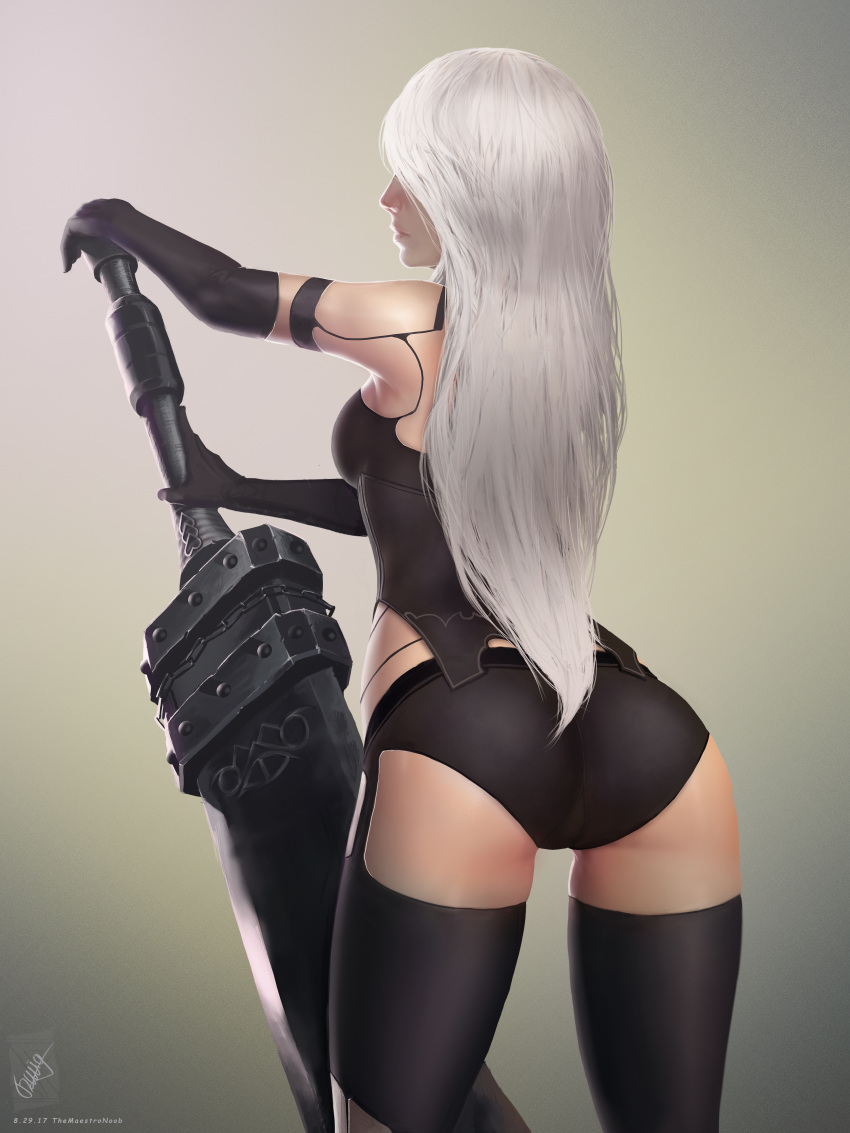 1girl, absurdres, android, ass, back, black_gloves, black_hair, black_legwear