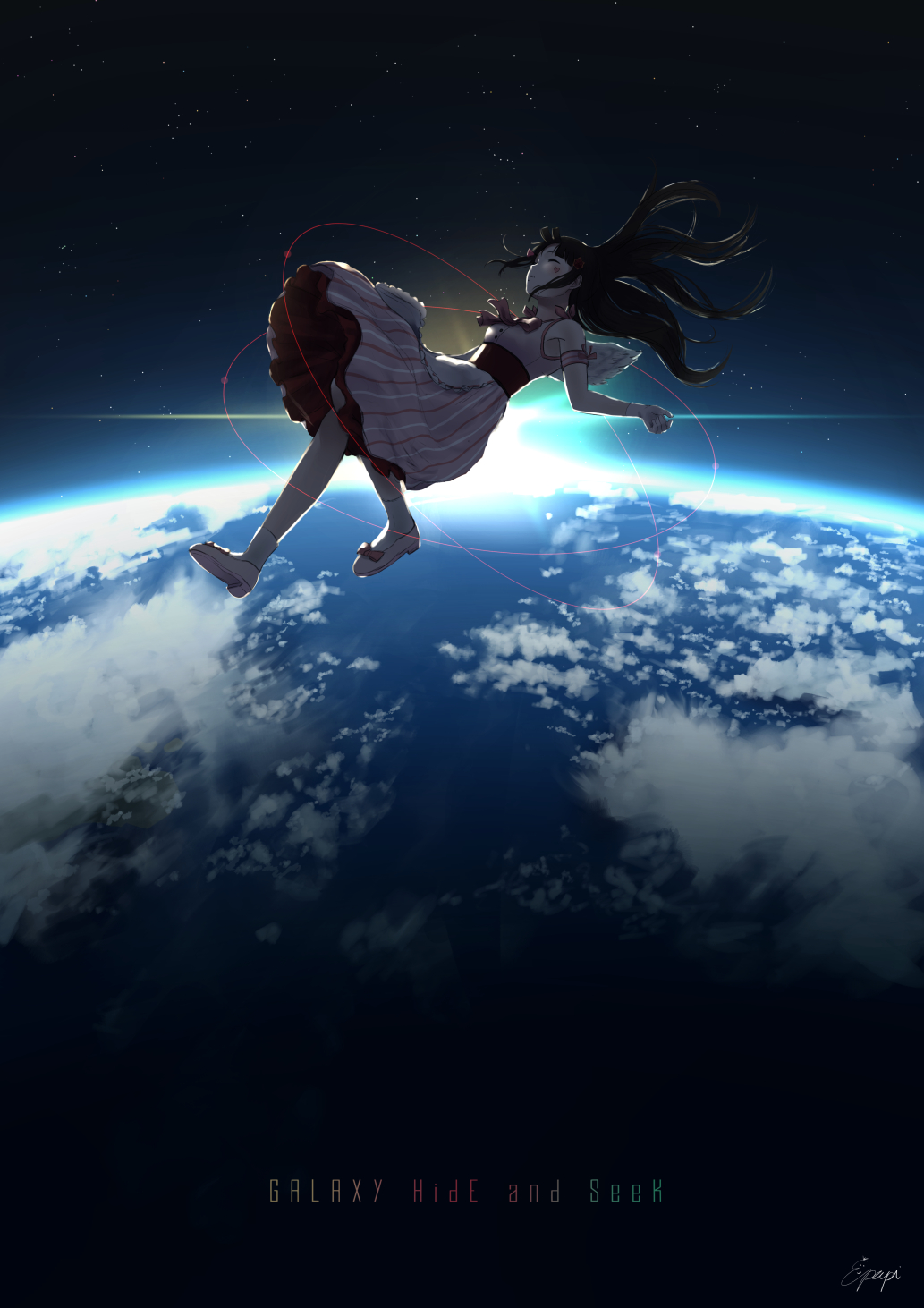 1girl, apron, armband, bangs, black_hair, blunt_bangs, bow, bowtie, closed_eyes, diffraction_spikes, earth, floating, galaxy_hide_and_seek, gloves, heart, highres, kurosawa_dia, long_hair, love_live!, love_live!_sunshine!!, papi_(papiron100), shoes, signature, skirt, sleeveless, socks, solo, song_name, space, striped, vertical-striped_skirt, vertical_stripes, waist_apron, white_wings, wings