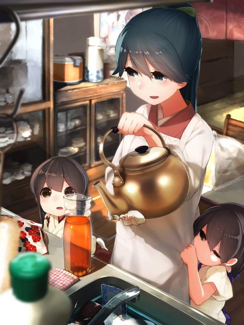 3girls, absurdres, akagi_(kantai_collection), blue_eyes, brown_hair, cup, dishes, grabbing
