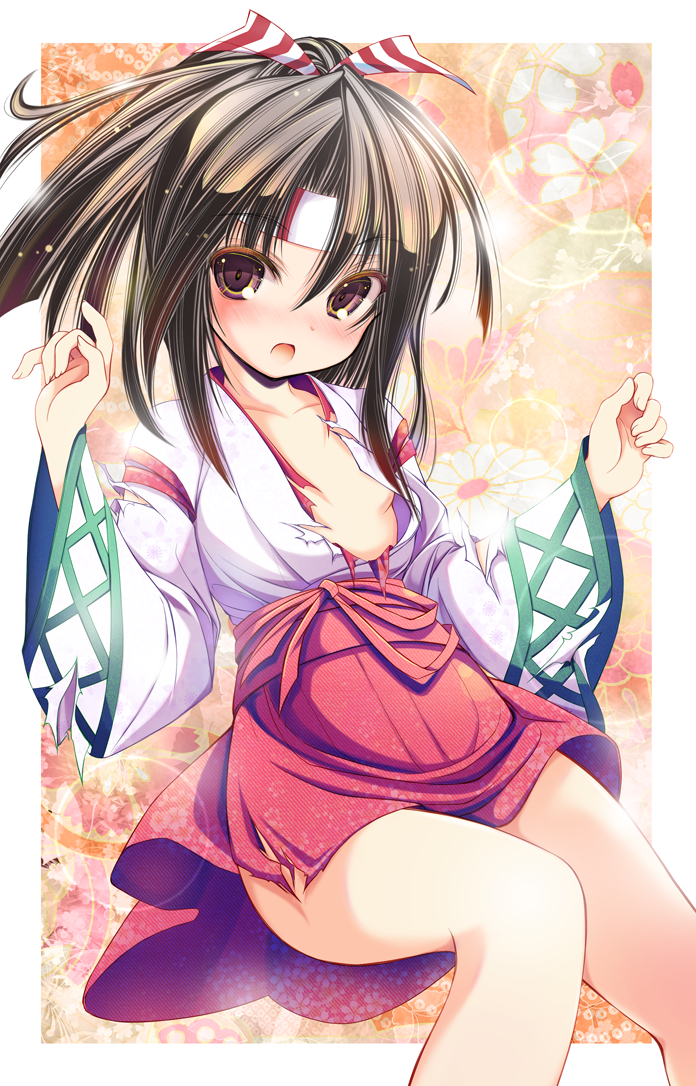 1girl, blush, breasts, brown_eyes, brown_hair, collarbone, commentary_request, eyebrows_visible_through_headband