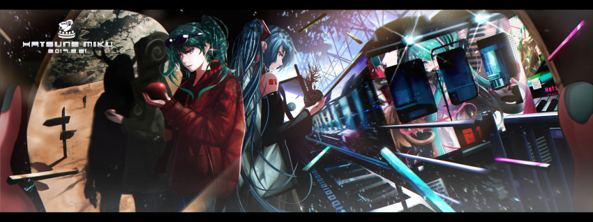 2girls, absurdres, anniversary, apple, aqua_eyes, aqua_hair, detached_sleeves, food, fruit, glasses, green_hair, ground_vehicle, hatsune_miku, highres, holding, jacket, long_hair, mattyanoma2013, multiple_girls, suna_no_wakusei_(vocaloid), thigh-highs, train, train_station, twintails, very_long_hair, vocaloid