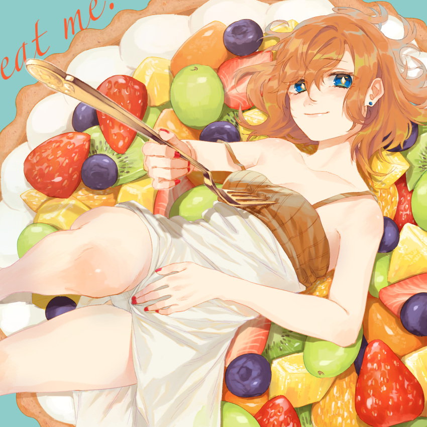 1girl, artist_request, blue_eyes, food, fork, fruit, fruit_bowl, highres