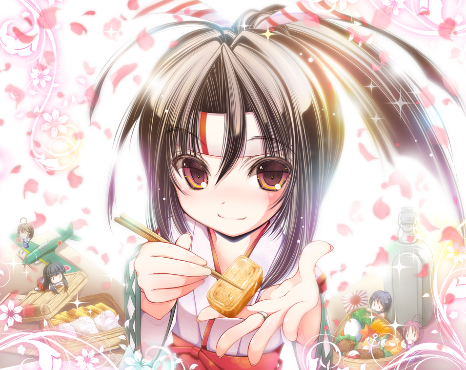 5girls, aircraft, airplane, bottle, brown_hair, chopsticks, commentary_request, eyebrows_visible_through_headband